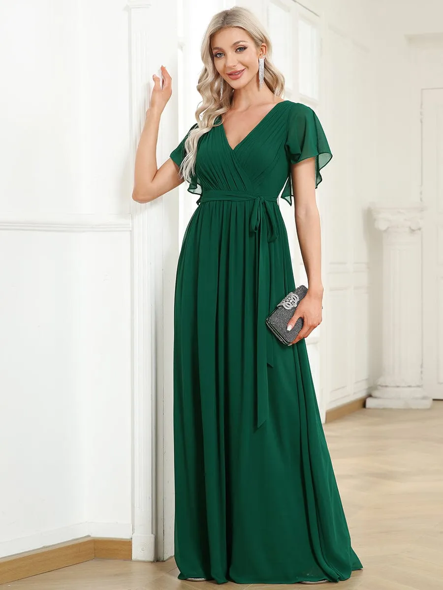 Chiffon Pleated V-Neck Flutter Sleeve Maxi Bridesmaid Dress