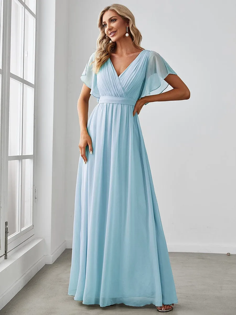 Chiffon Pleated V-Neck Flutter Sleeve Maxi Bridesmaid Dress