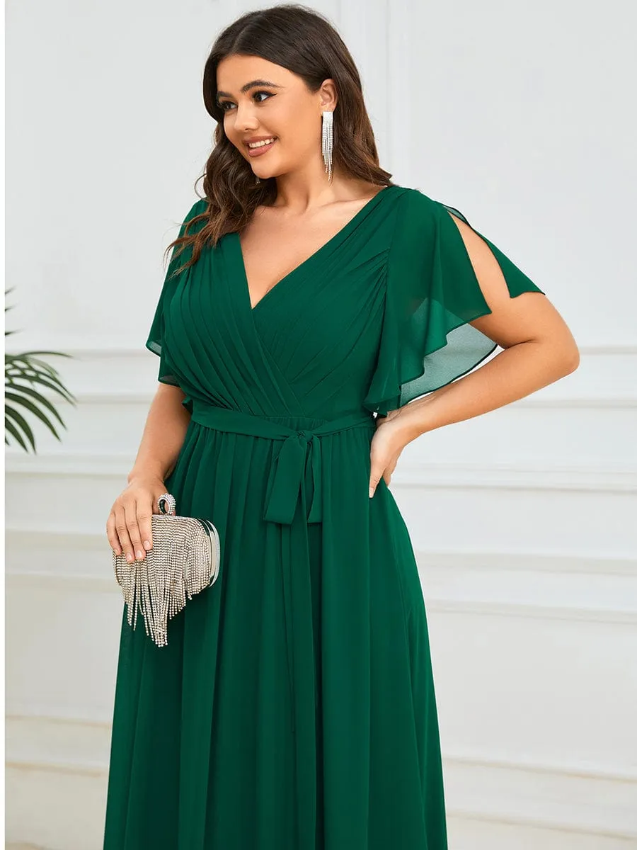 Chiffon Pleated V-Neck Flutter Sleeve Maxi Bridesmaid Dress