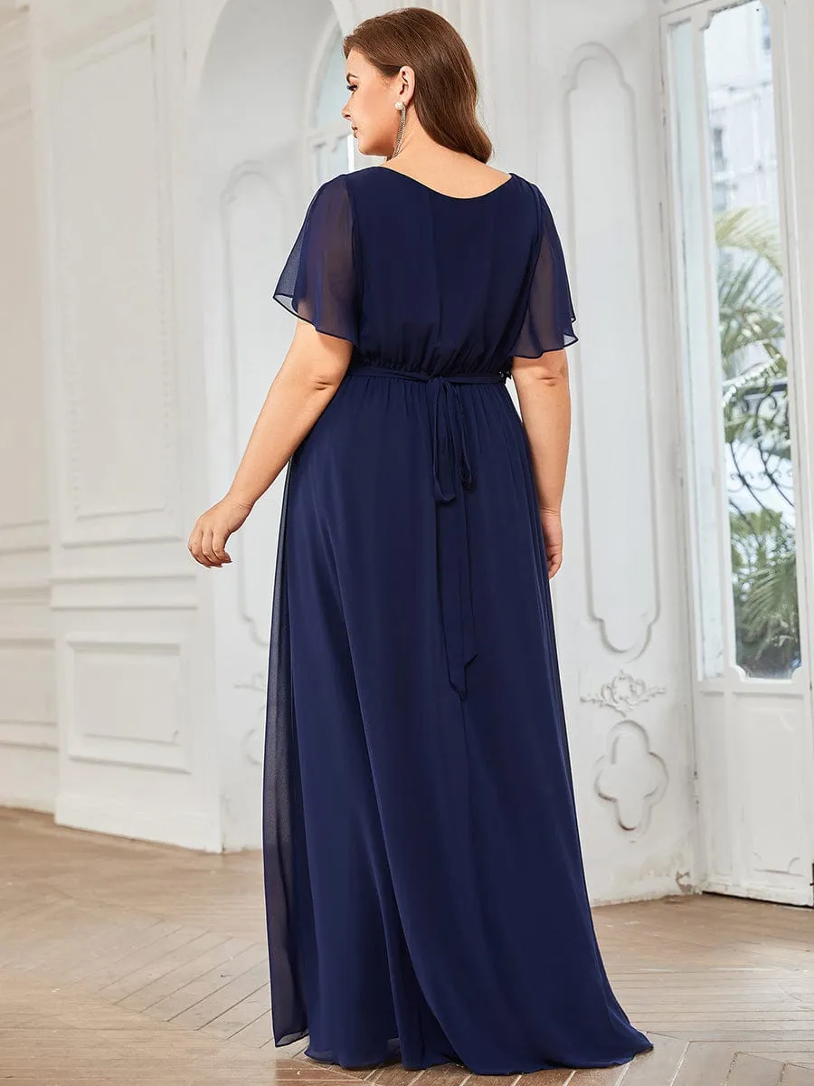 Chiffon Pleated V-Neck Flutter Sleeve Maxi Bridesmaid Dress