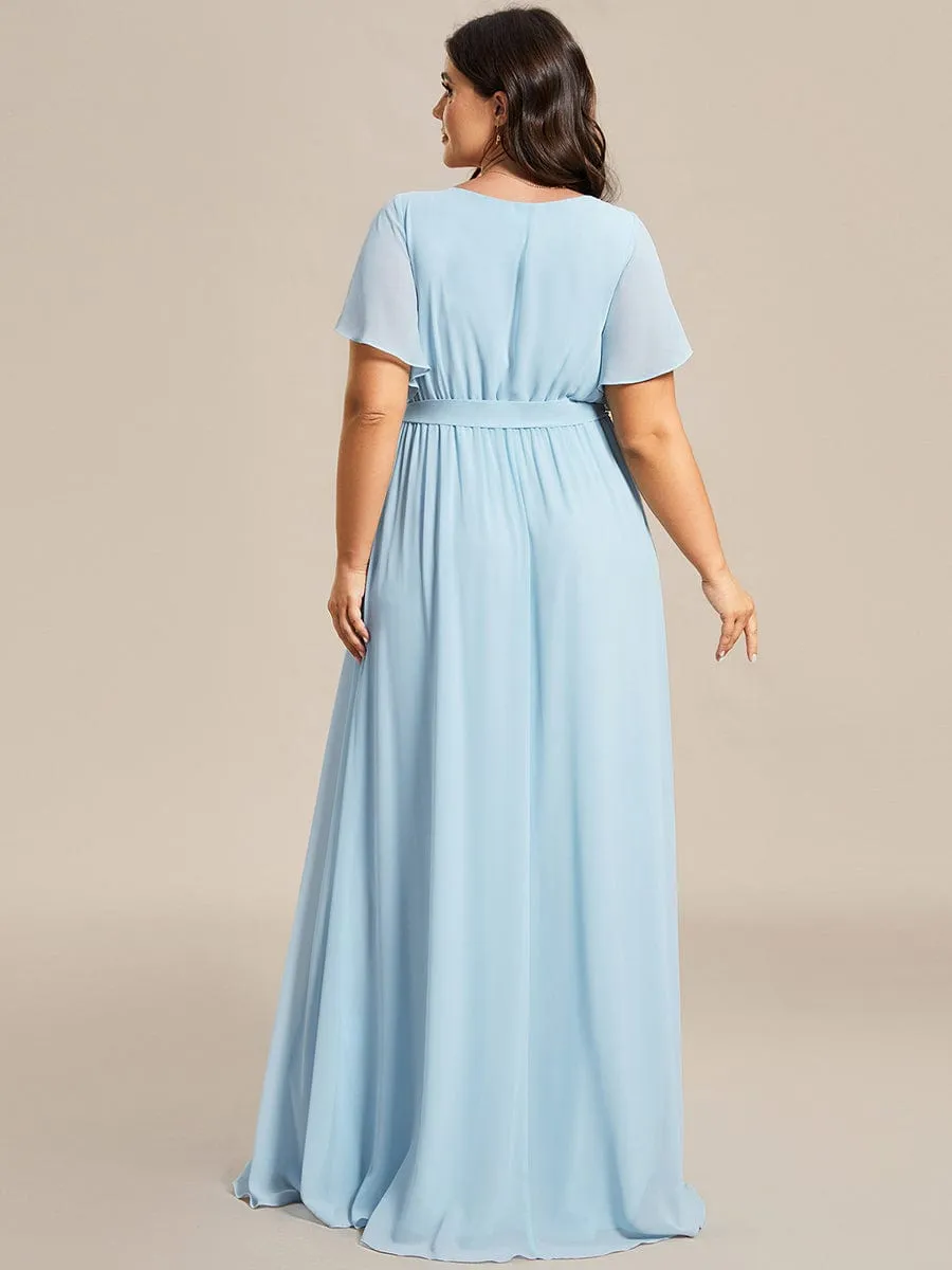 Chiffon Pleated V-Neck Flutter Sleeve Maxi Bridesmaid Dress