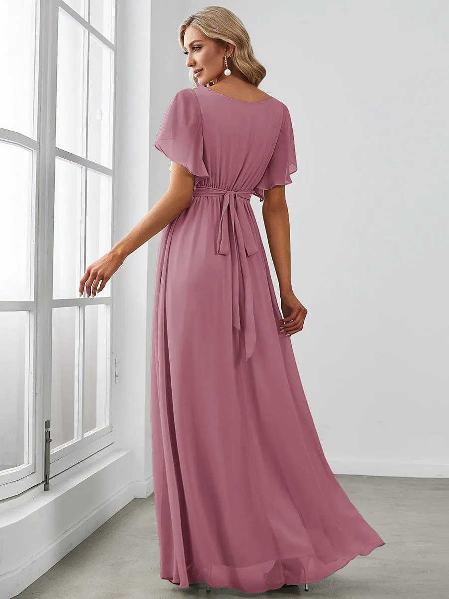 Chiffon Pleated V-Neck Flutter Sleeve Maxi Bridesmaid Dress