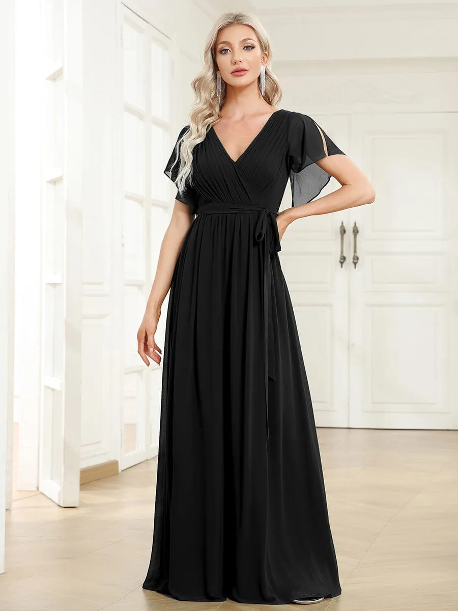 Chiffon Pleated V-Neck Flutter Sleeve Maxi Bridesmaid Dress