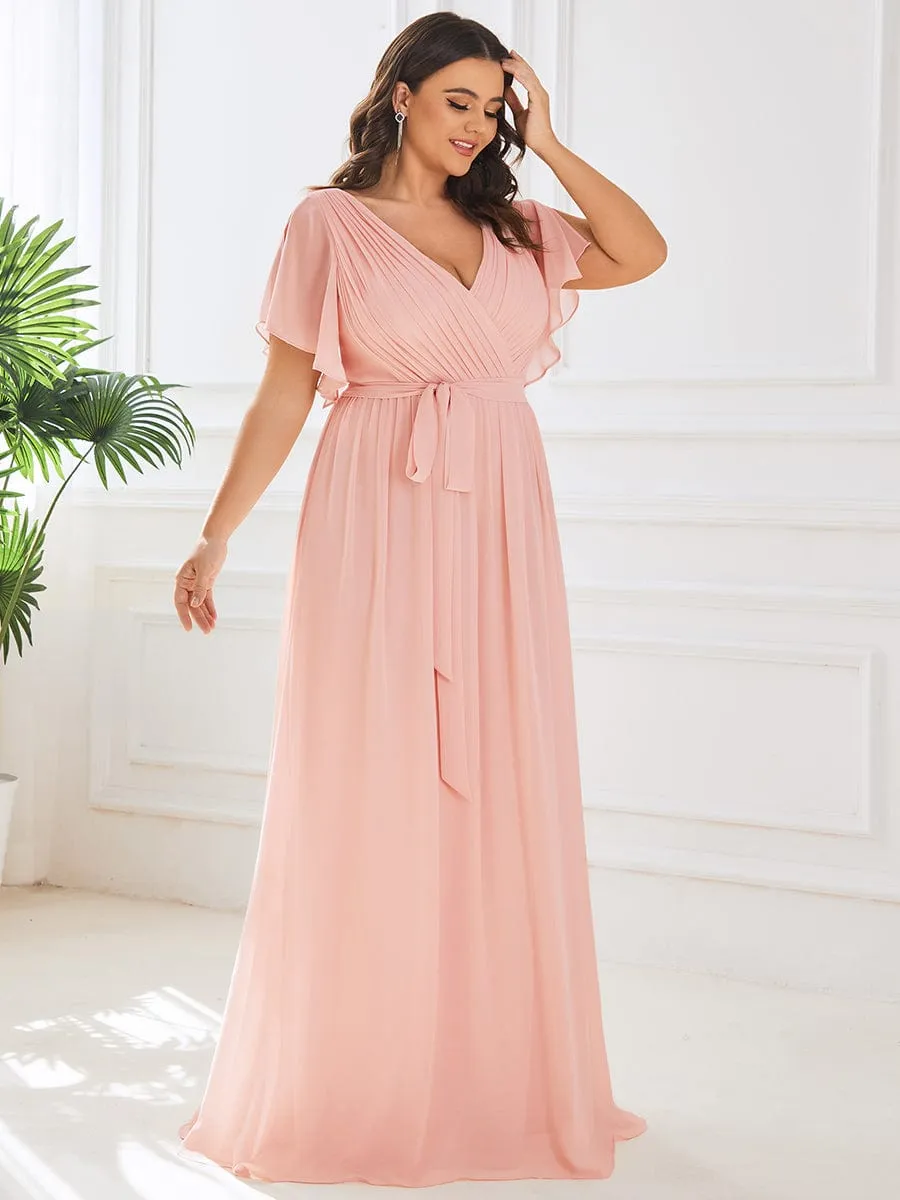 Chiffon Pleated V-Neck Flutter Sleeve Maxi Bridesmaid Dress