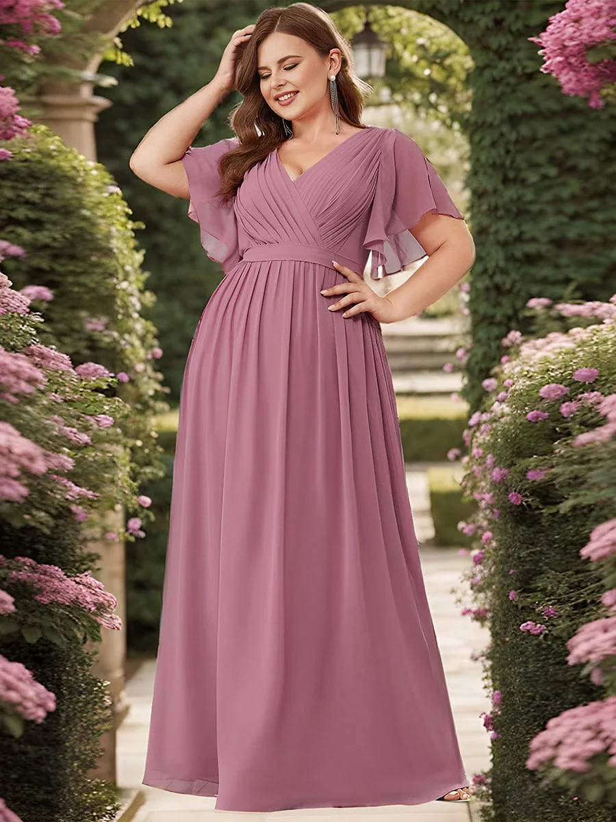 Chiffon Pleated V-Neck Flutter Sleeve Maxi Bridesmaid Dress