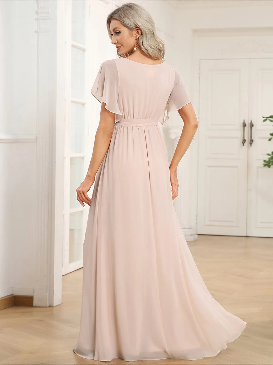 Chiffon Pleated V-Neck Flutter Sleeve Maxi Bridesmaid Dress