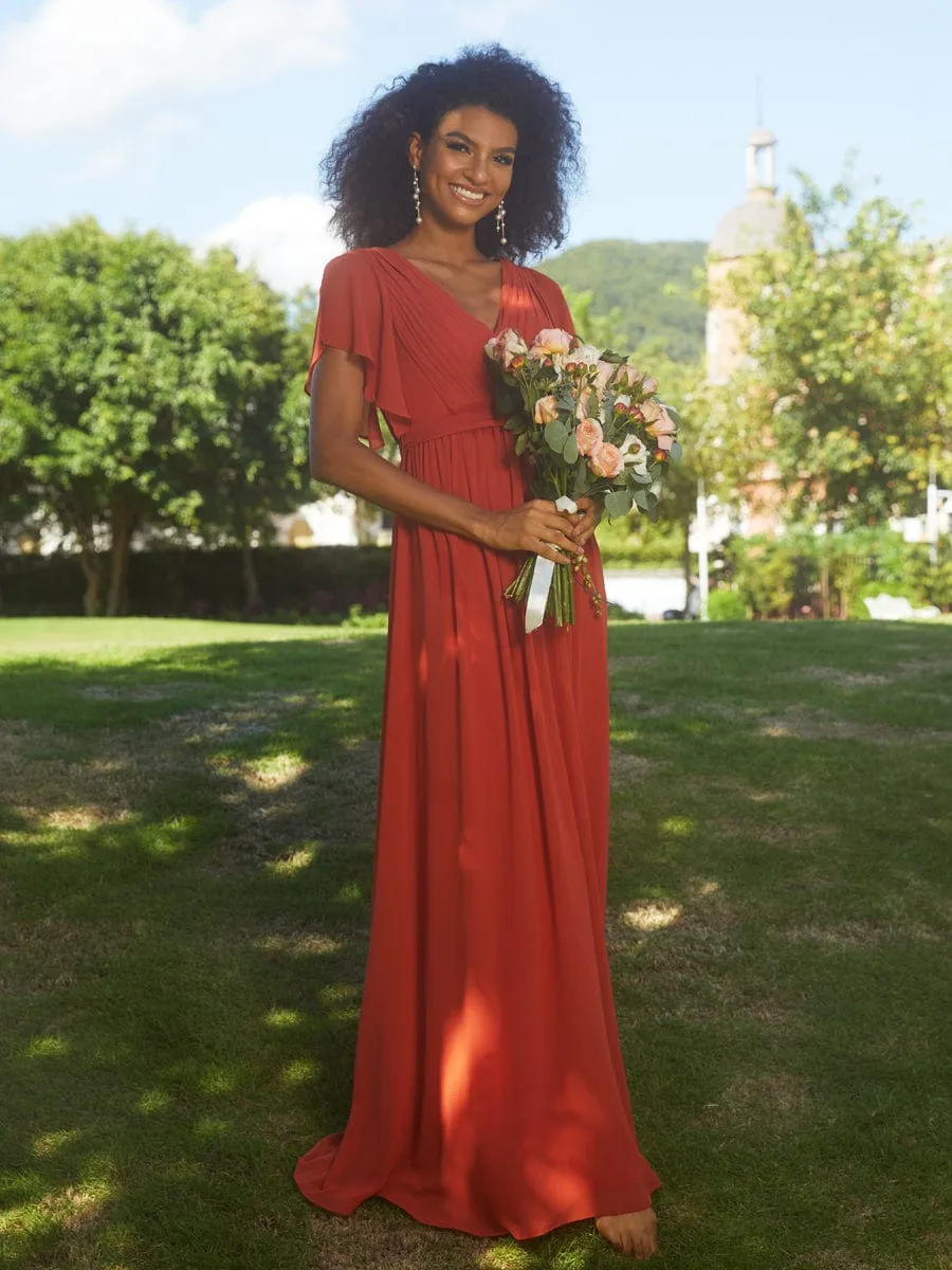 Chiffon Pleated V-Neck Flutter Sleeve Maxi Bridesmaid Dress