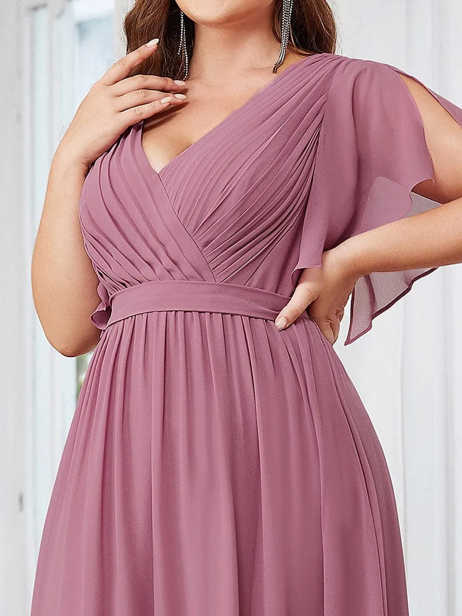 Chiffon Pleated V-Neck Flutter Sleeve Maxi Bridesmaid Dress