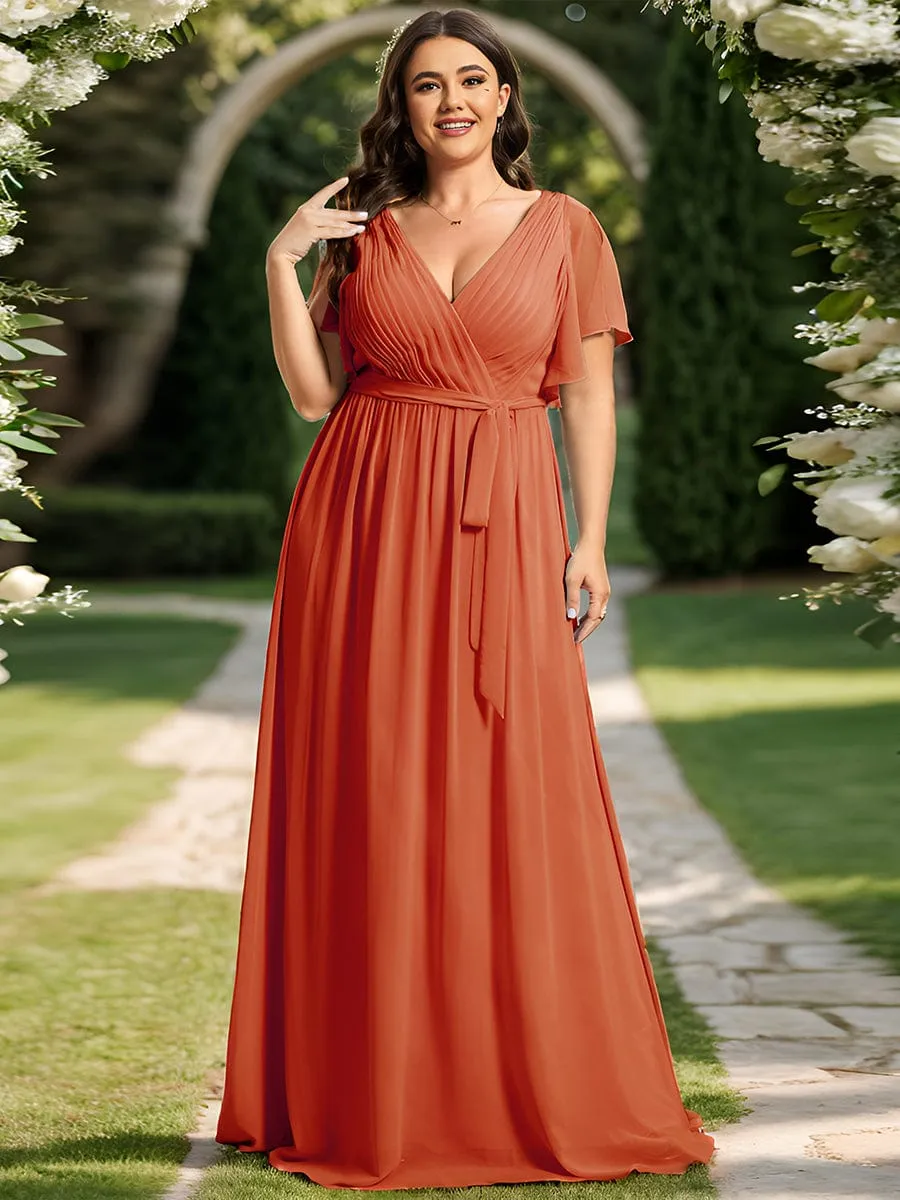 Chiffon Pleated V-Neck Flutter Sleeve Maxi Bridesmaid Dress