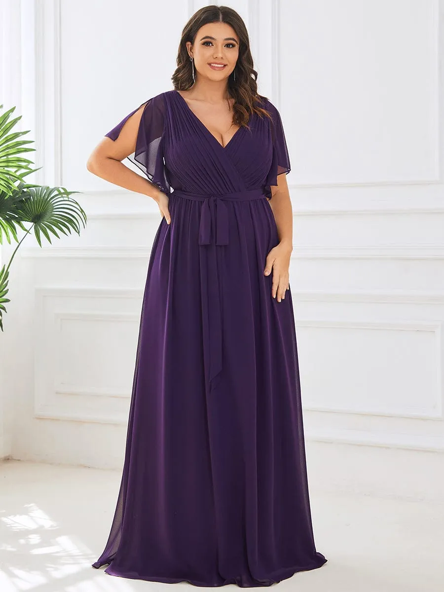 Chiffon Pleated V-Neck Flutter Sleeve Maxi Bridesmaid Dress