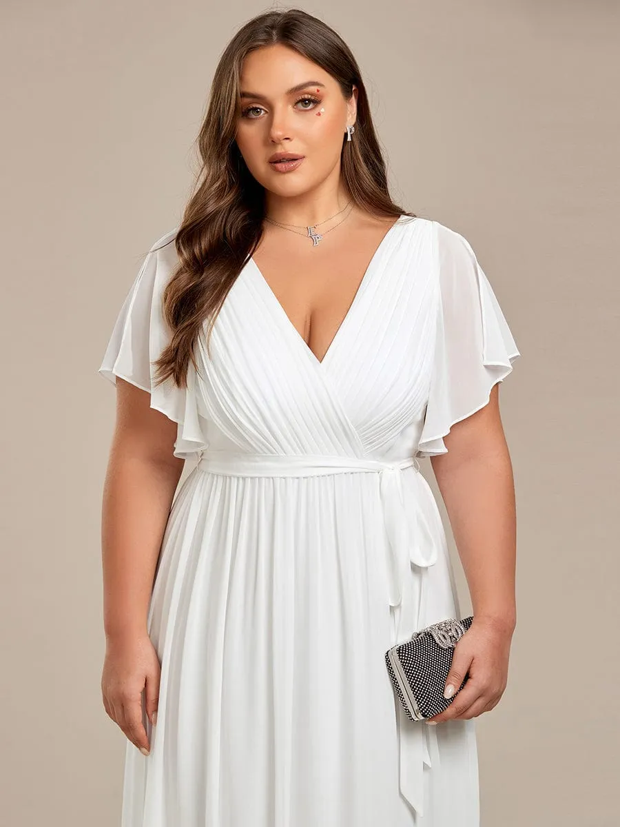 Chiffon Pleated V-Neck Flutter Sleeve Maxi Bridesmaid Dress
