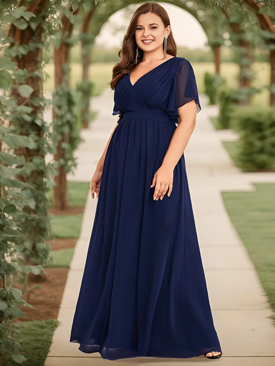 Chiffon Pleated V-Neck Flutter Sleeve Maxi Bridesmaid Dress