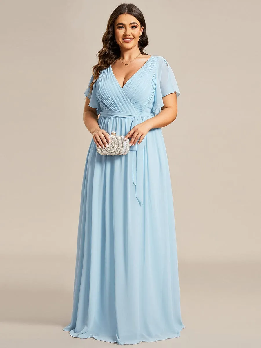 Chiffon Pleated V-Neck Flutter Sleeve Maxi Bridesmaid Dress