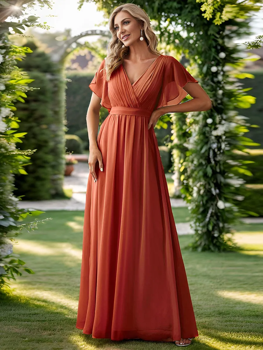 Chiffon Pleated V-Neck Flutter Sleeve Maxi Bridesmaid Dress