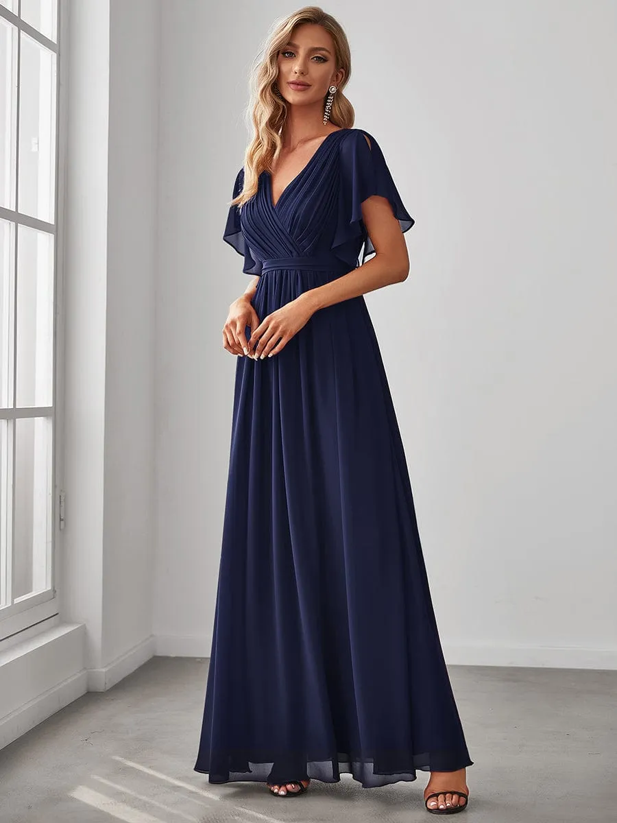 Chiffon Pleated V-Neck Flutter Sleeve Maxi Bridesmaid Dress