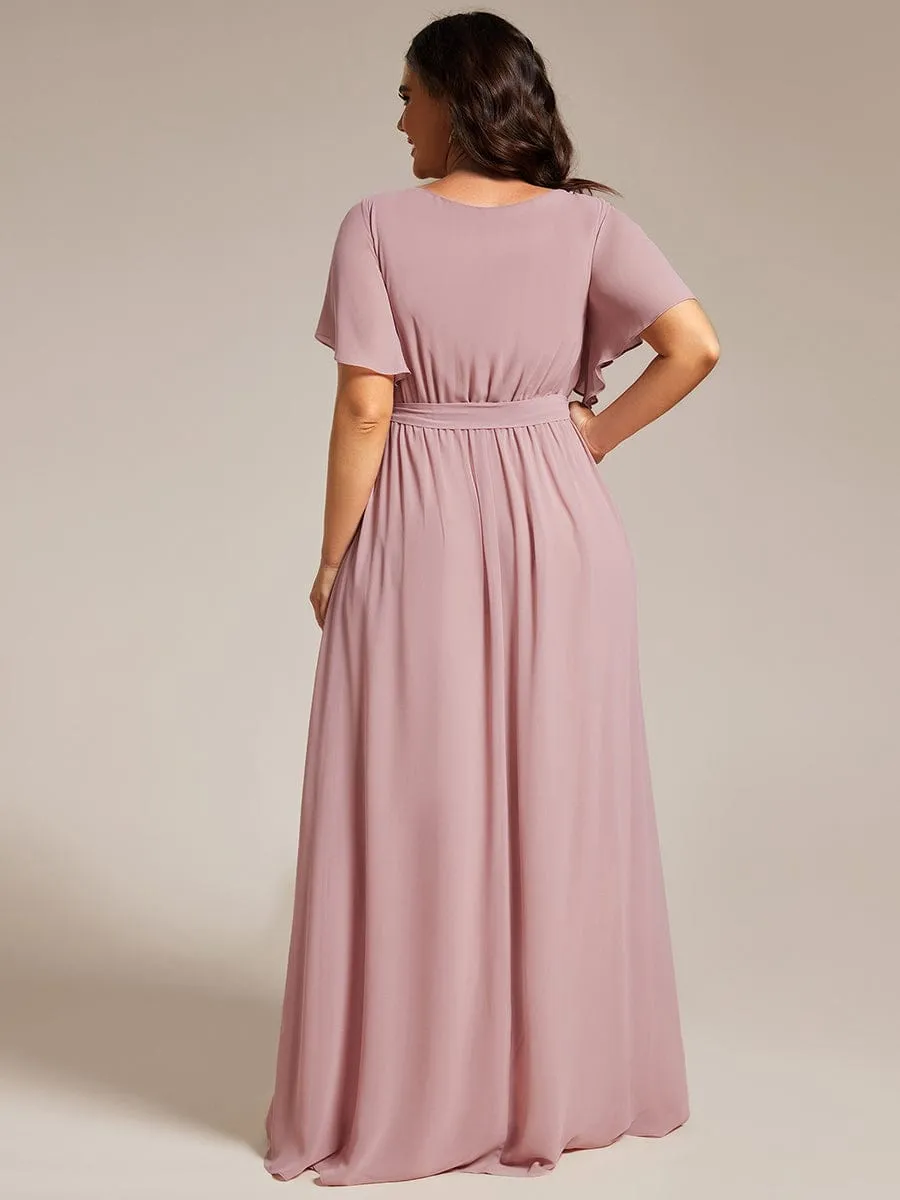 Chiffon Pleated V-Neck Flutter Sleeve Maxi Bridesmaid Dress