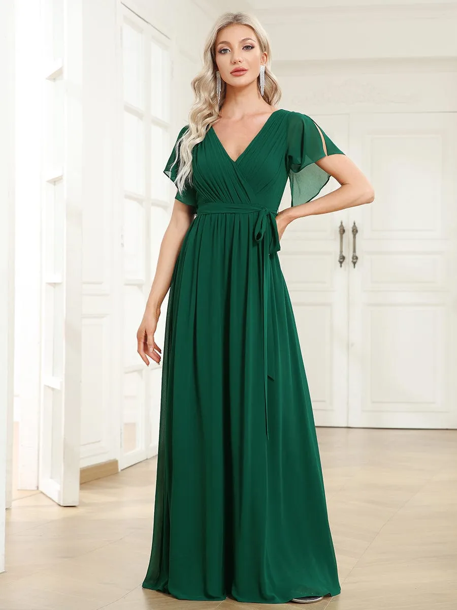 Chiffon Pleated V-Neck Flutter Sleeve Maxi Bridesmaid Dress