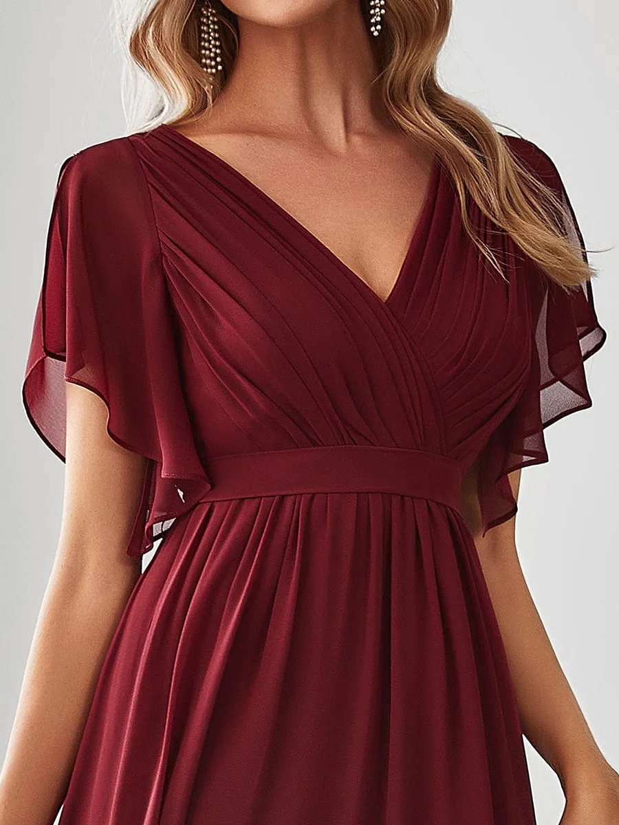 Chiffon Pleated V-Neck Flutter Sleeve Maxi Bridesmaid Dress