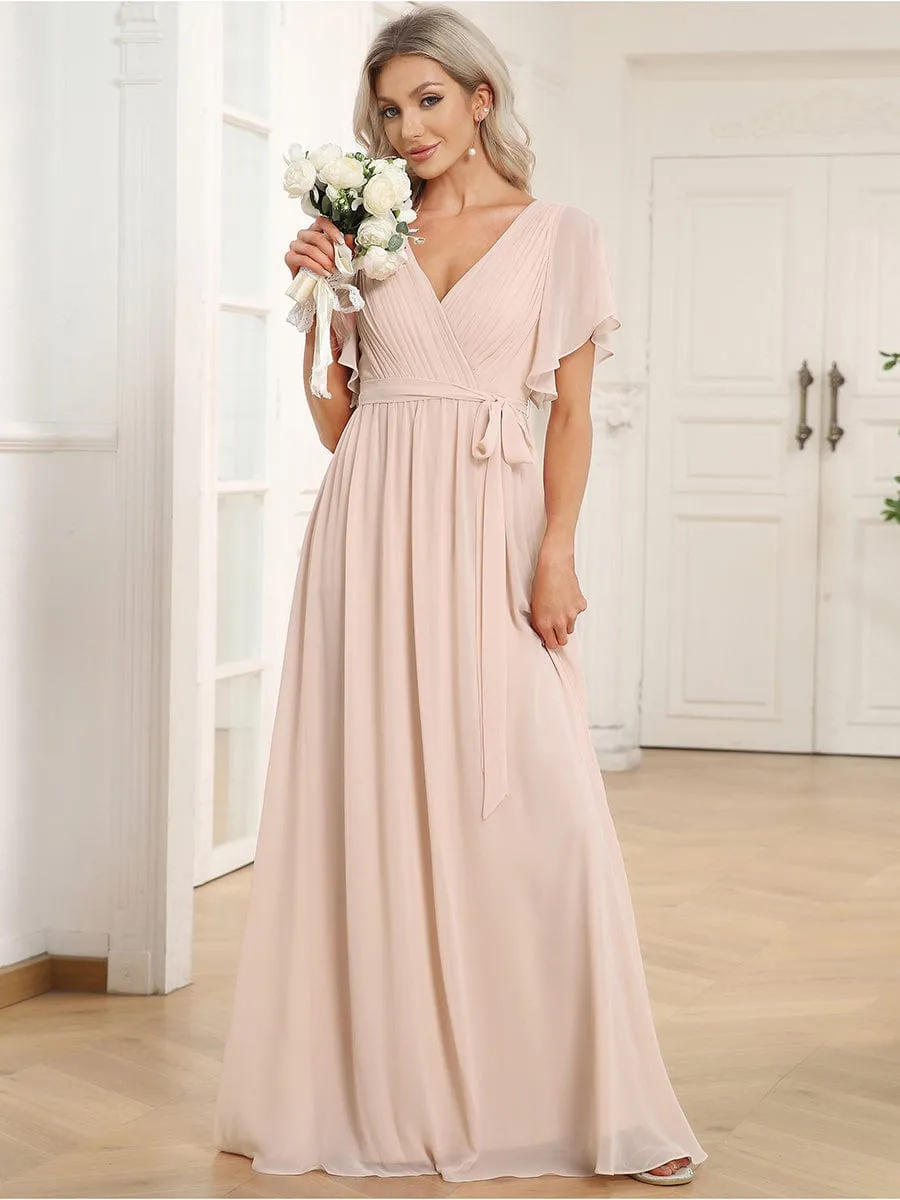 Chiffon Pleated V-Neck Flutter Sleeve Maxi Bridesmaid Dress