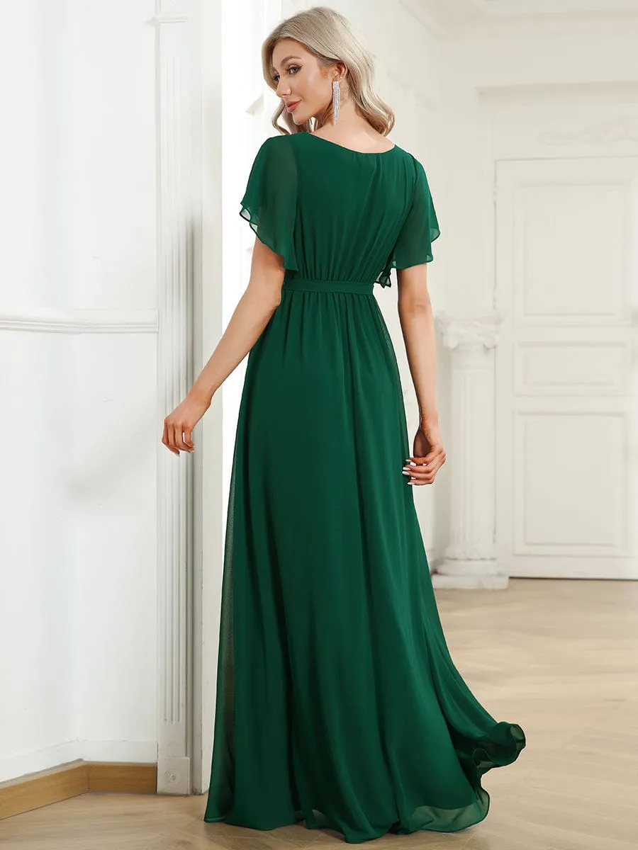 Chiffon Pleated V-Neck Flutter Sleeve Maxi Bridesmaid Dress