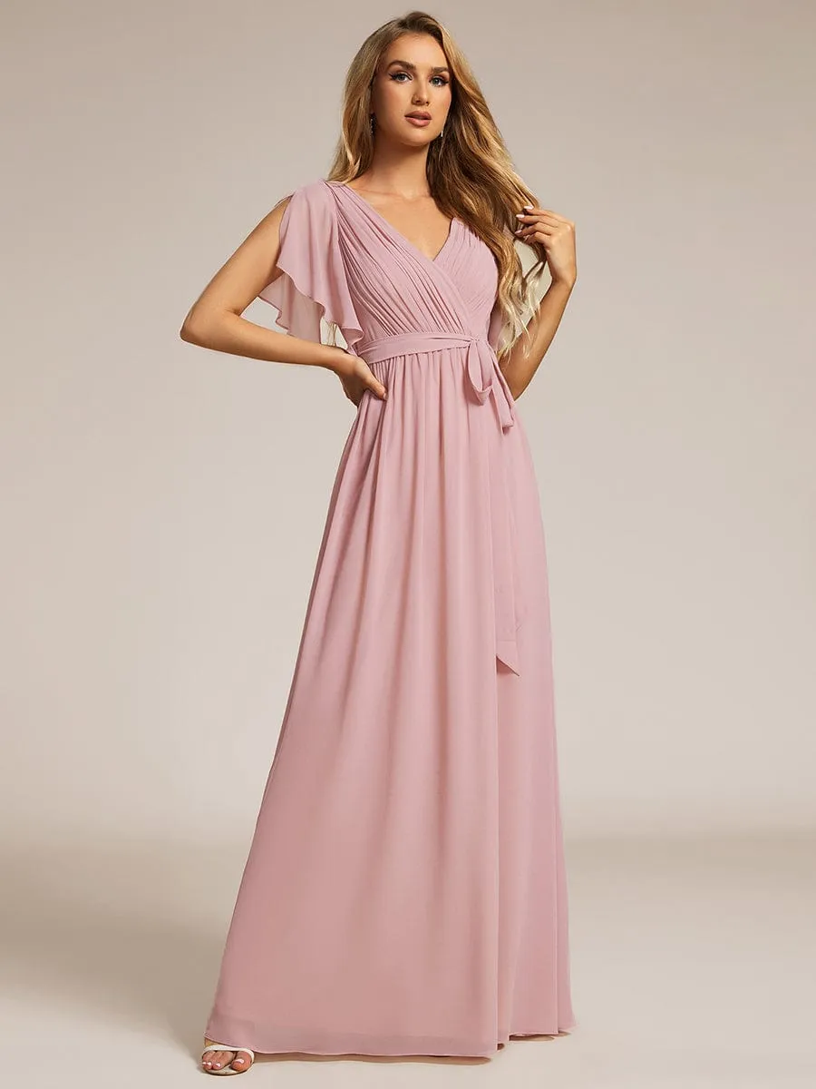 Chiffon Pleated V-Neck Flutter Sleeve Maxi Bridesmaid Dress