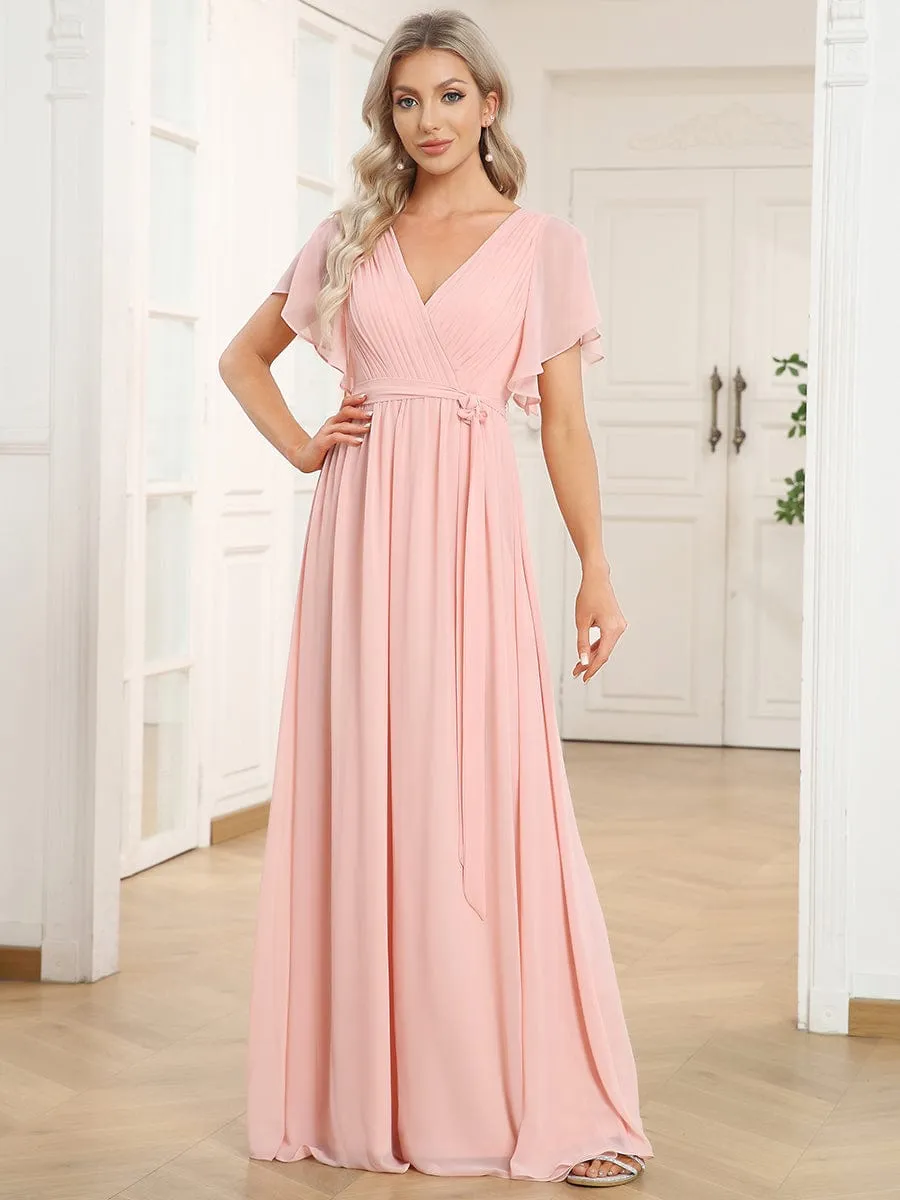 Chiffon Pleated V-Neck Flutter Sleeve Maxi Bridesmaid Dress
