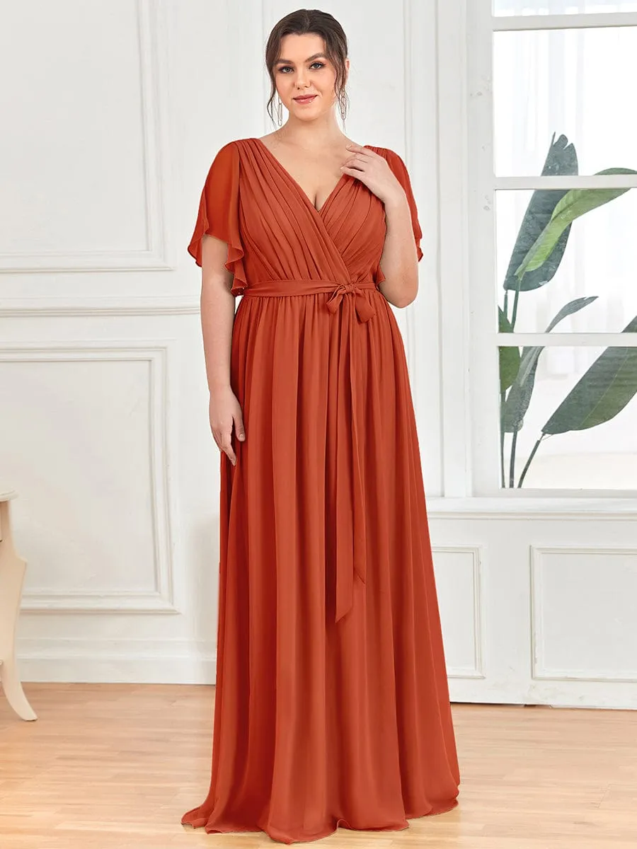 Chiffon Pleated V-Neck Flutter Sleeve Maxi Bridesmaid Dress