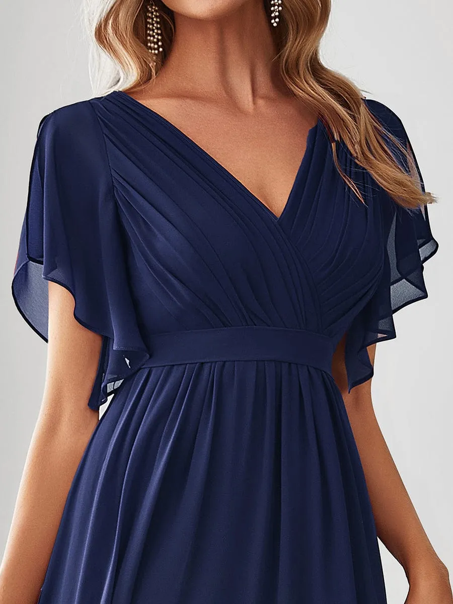 Chiffon Pleated V-Neck Flutter Sleeve Maxi Bridesmaid Dress