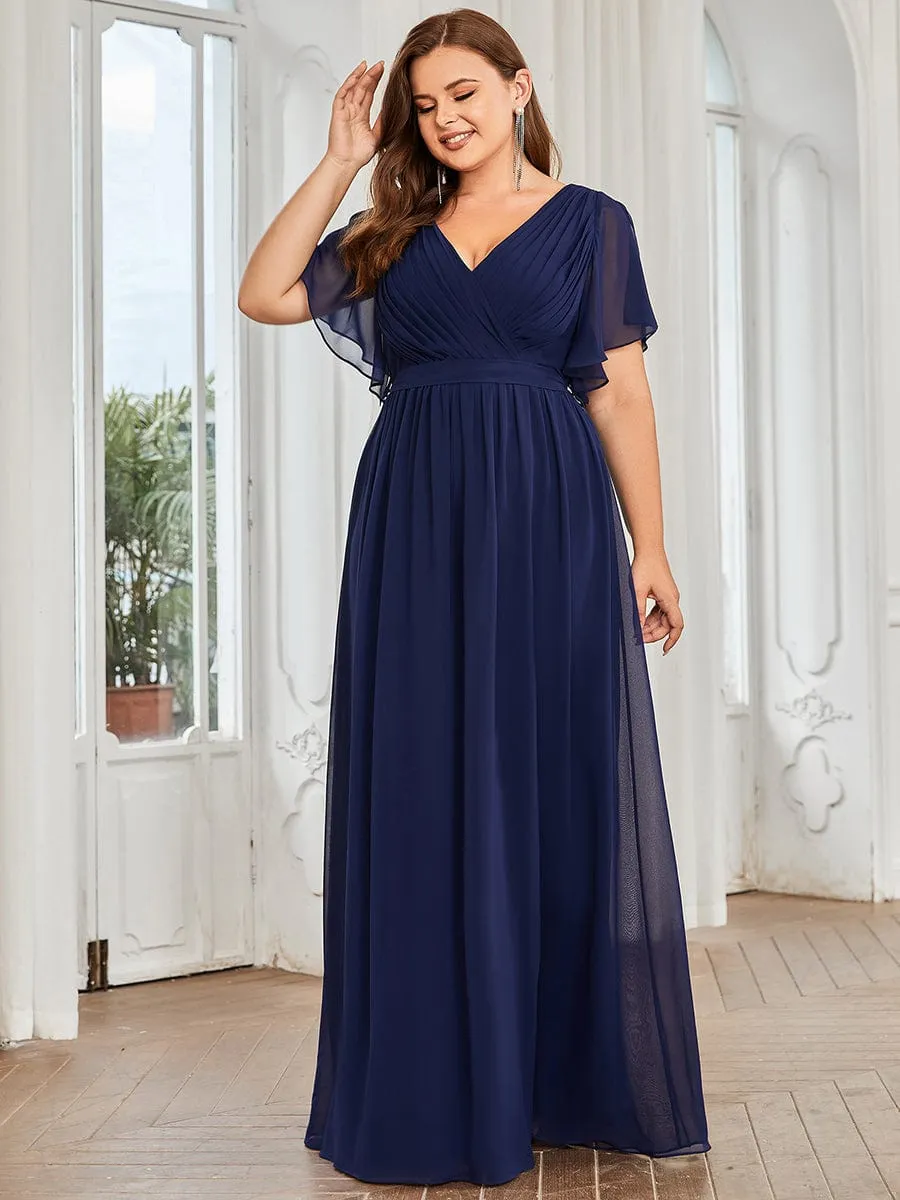 Chiffon Pleated V-Neck Flutter Sleeve Maxi Bridesmaid Dress