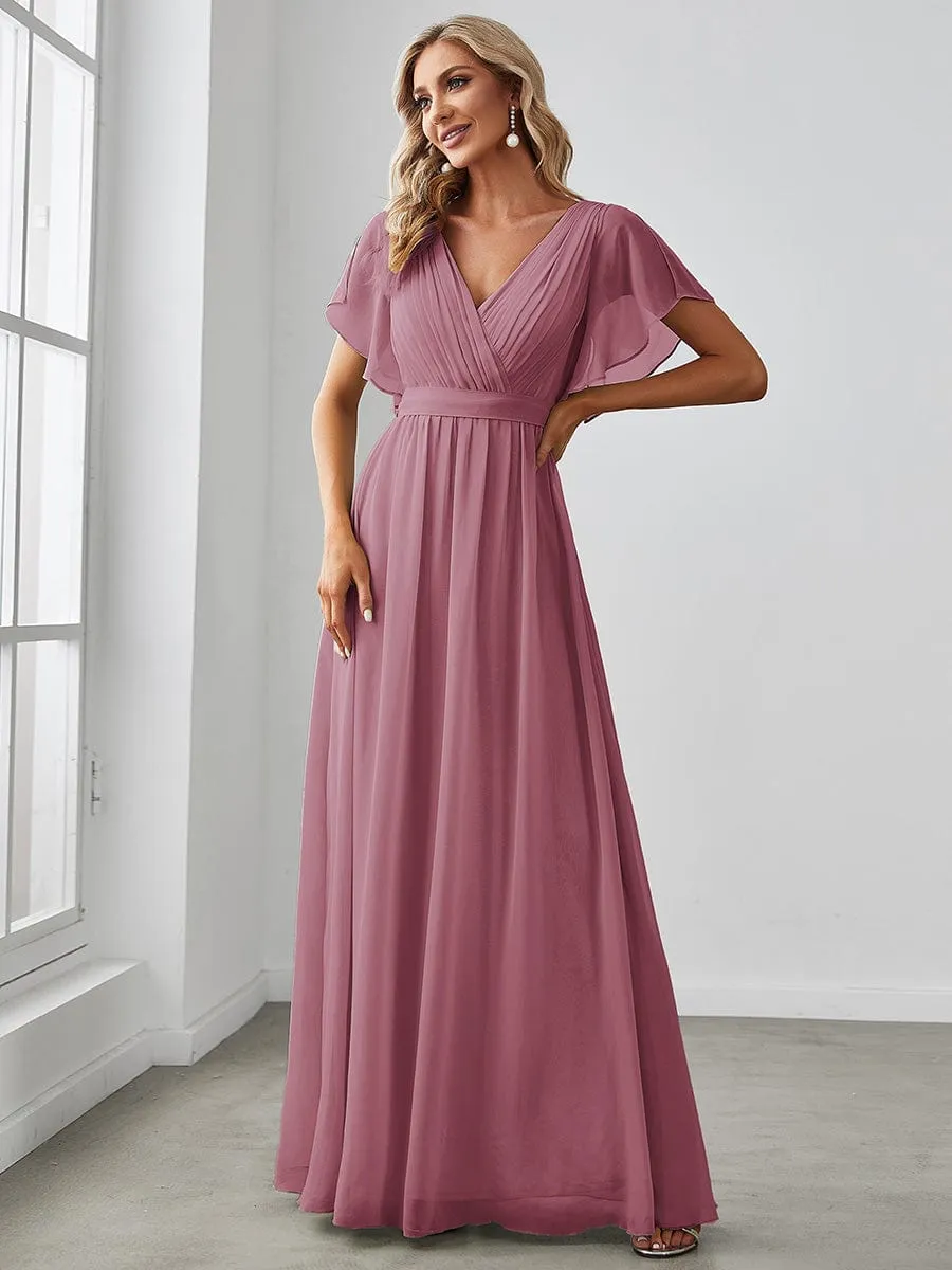 Chiffon Pleated V-Neck Flutter Sleeve Maxi Bridesmaid Dress