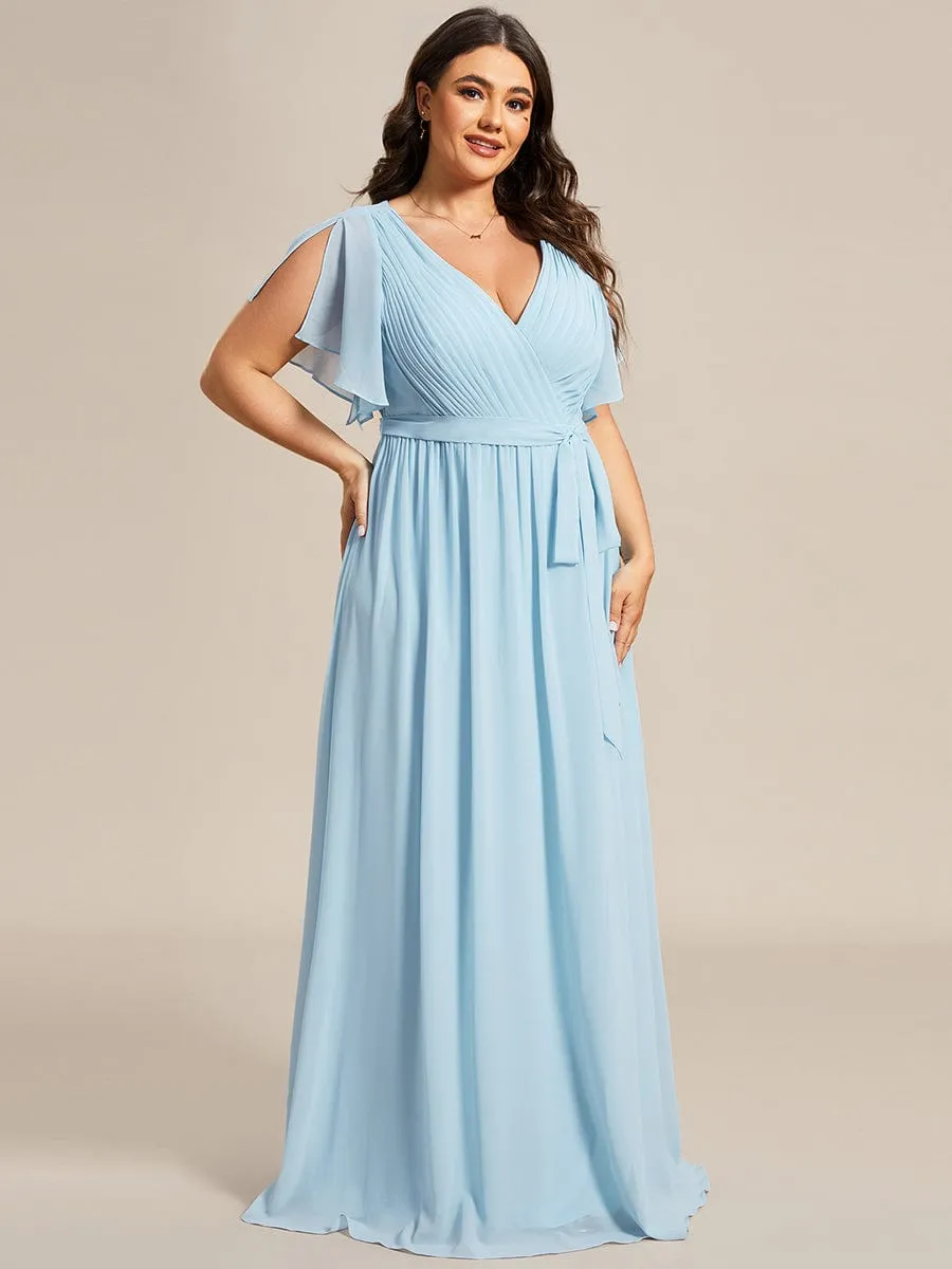 Chiffon Pleated V-Neck Flutter Sleeve Maxi Bridesmaid Dress