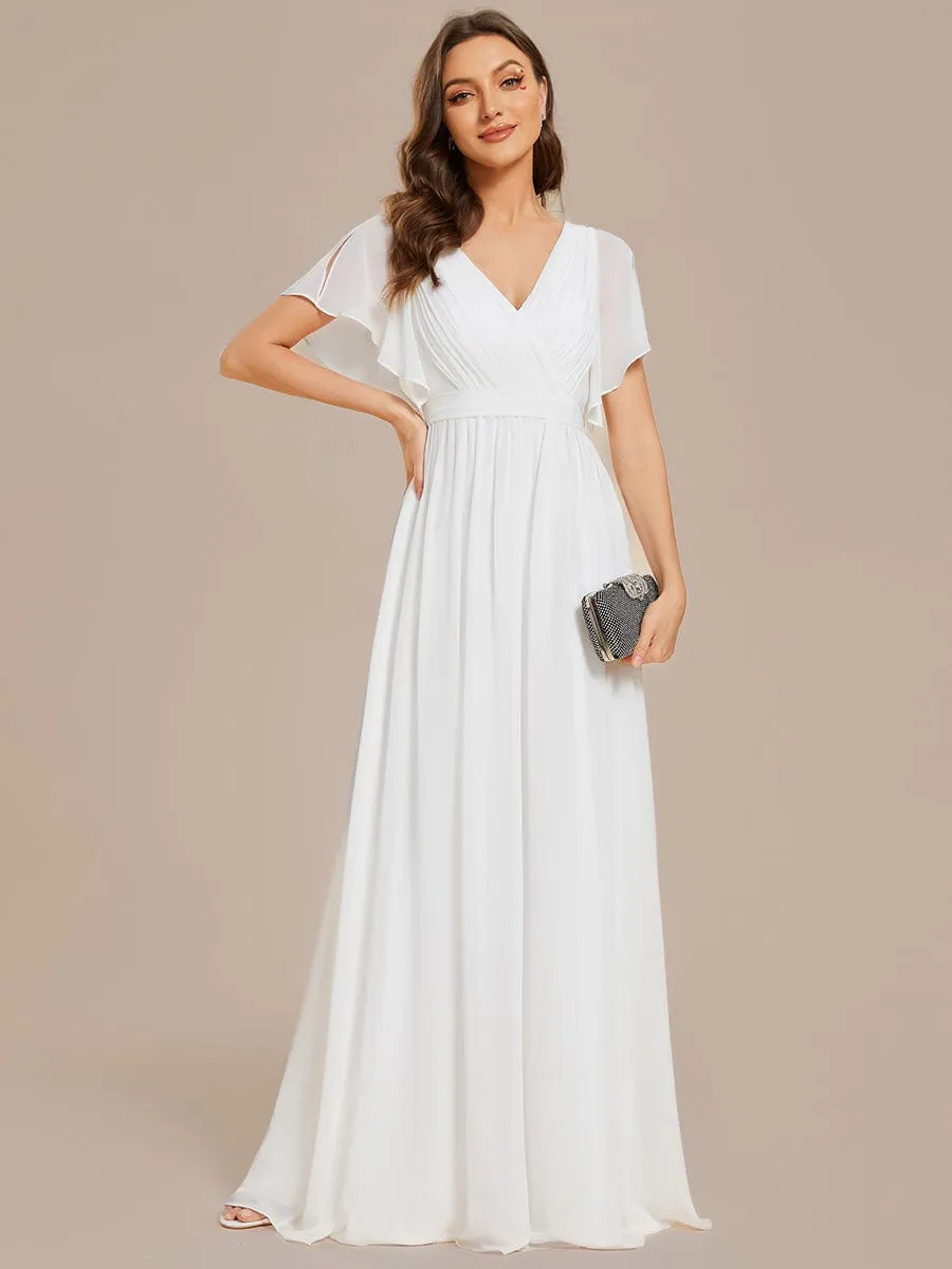 Chiffon Pleated V-Neck Flutter Sleeve Maxi Bridesmaid Dress