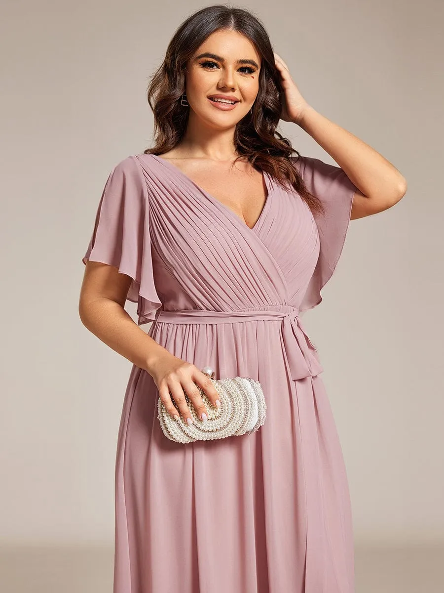 Chiffon Pleated V-Neck Flutter Sleeve Maxi Bridesmaid Dress