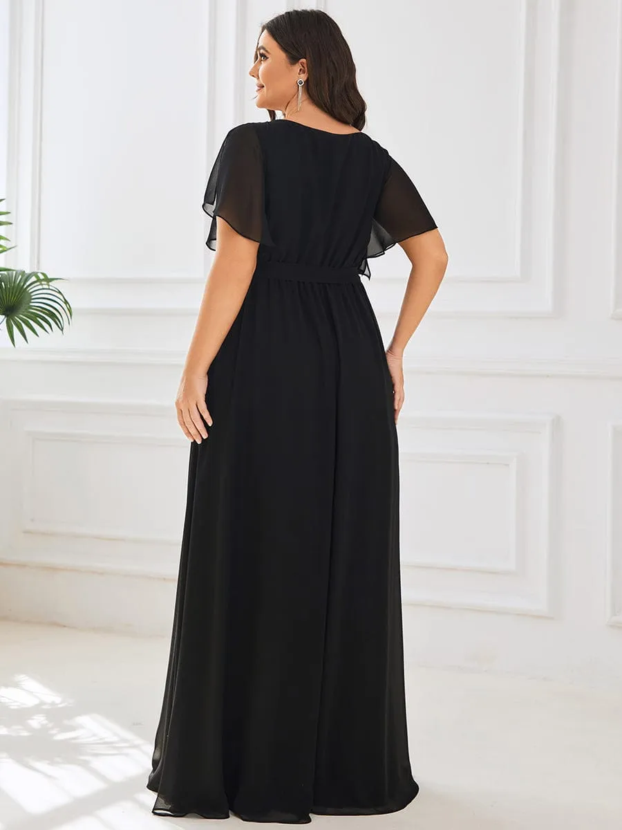 Chiffon Pleated V-Neck Flutter Sleeve Maxi Bridesmaid Dress
