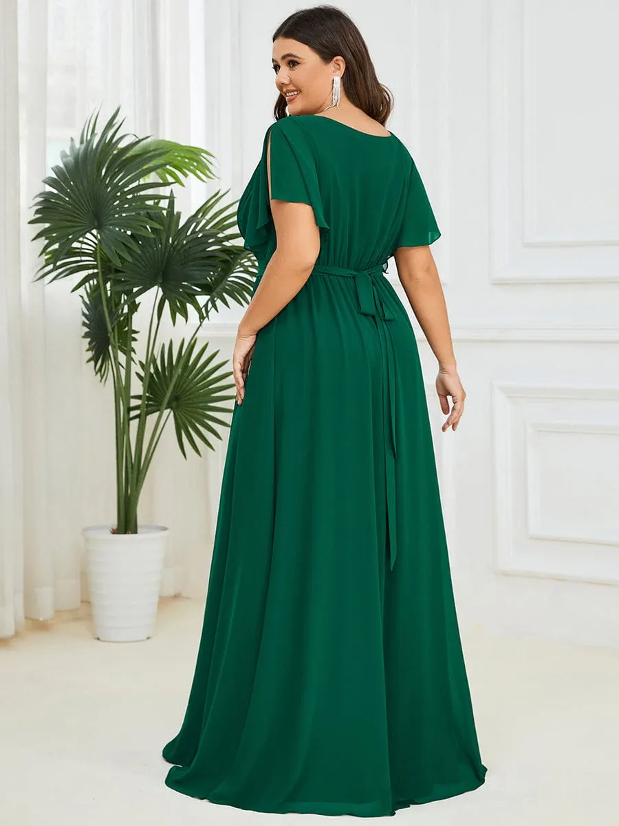 Chiffon Pleated V-Neck Flutter Sleeve Maxi Bridesmaid Dress