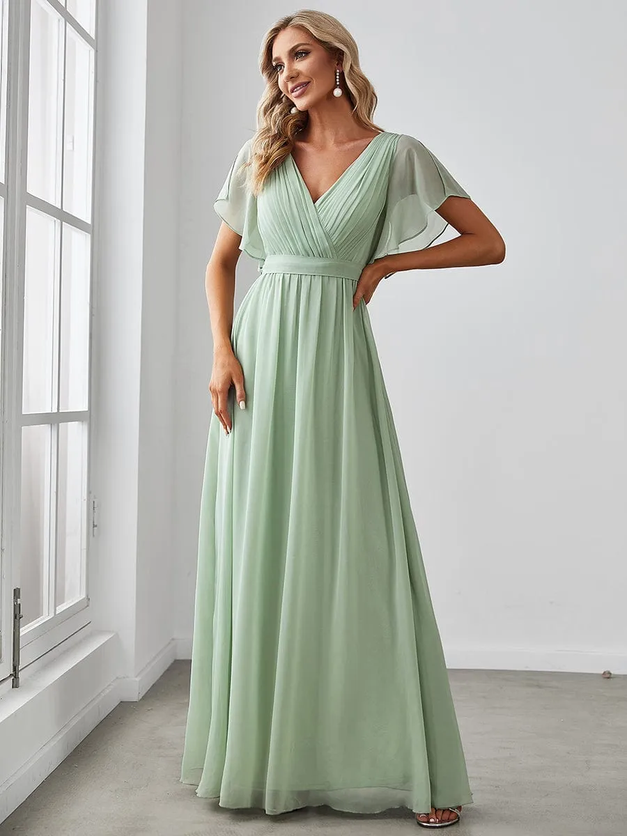 Chiffon Pleated V-Neck Flutter Sleeve Maxi Bridesmaid Dress
