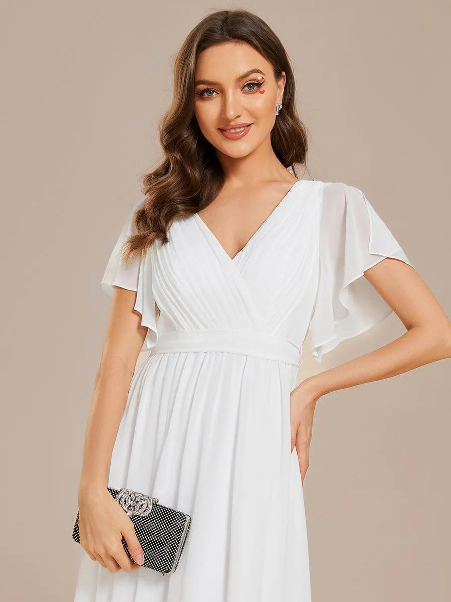 Chiffon Pleated V-Neck Flutter Sleeve Maxi Bridesmaid Dress