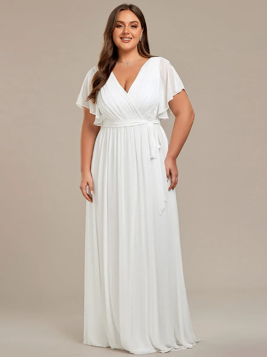Chiffon Pleated V-Neck Flutter Sleeve Maxi Bridesmaid Dress