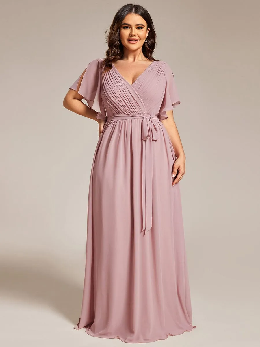 Chiffon Pleated V-Neck Flutter Sleeve Maxi Bridesmaid Dress