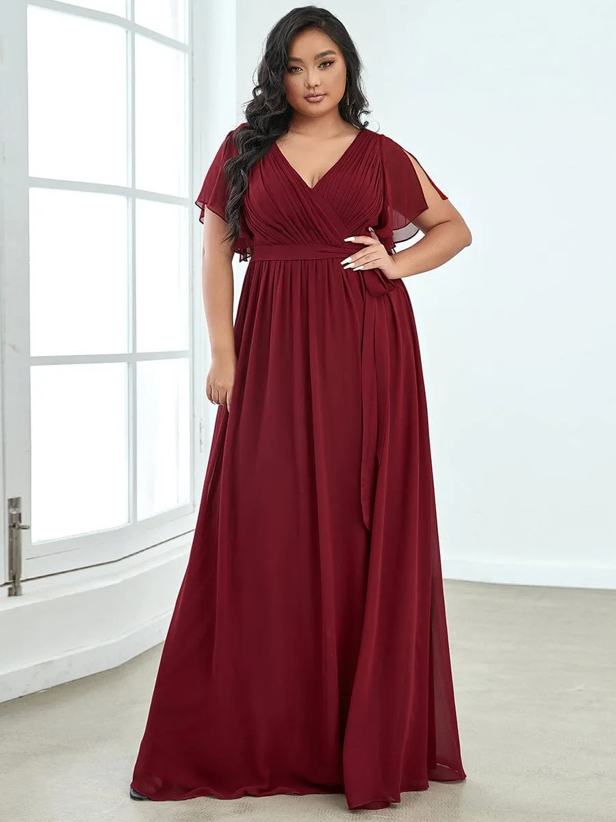 Chiffon Pleated V-Neck Flutter Sleeve Maxi Bridesmaid Dress
