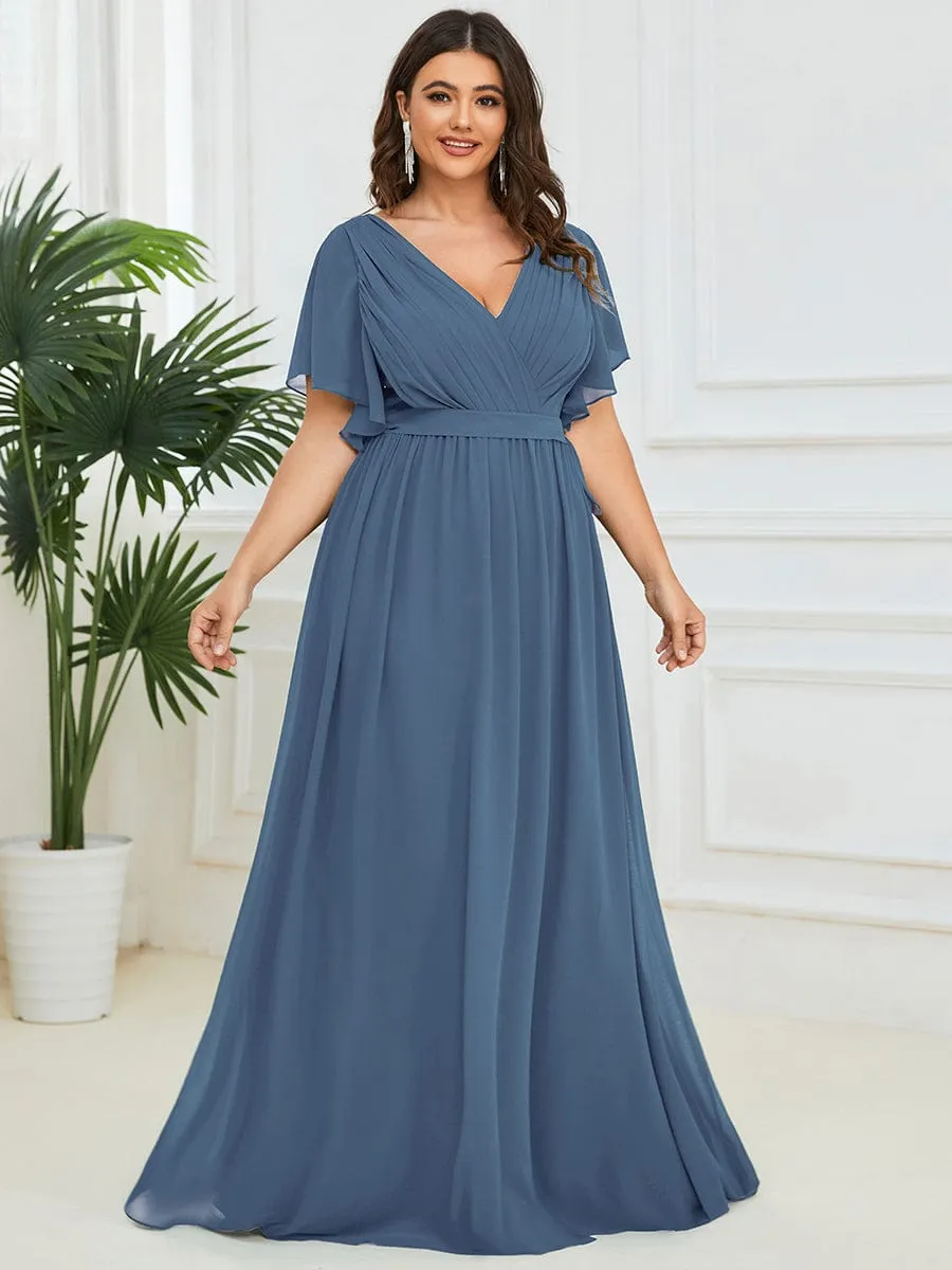 Chiffon Pleated V-Neck Flutter Sleeve Maxi Bridesmaid Dress