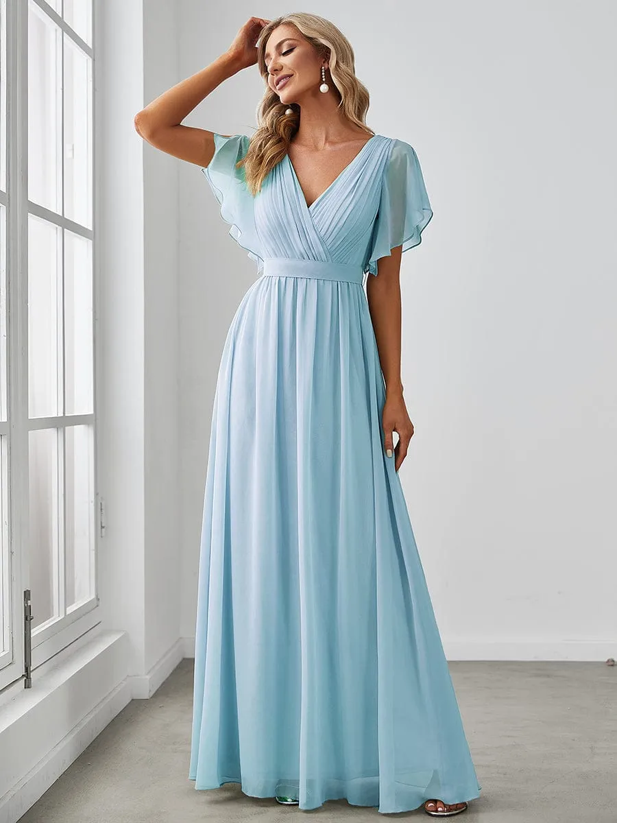 Chiffon Pleated V-Neck Flutter Sleeve Maxi Bridesmaid Dress