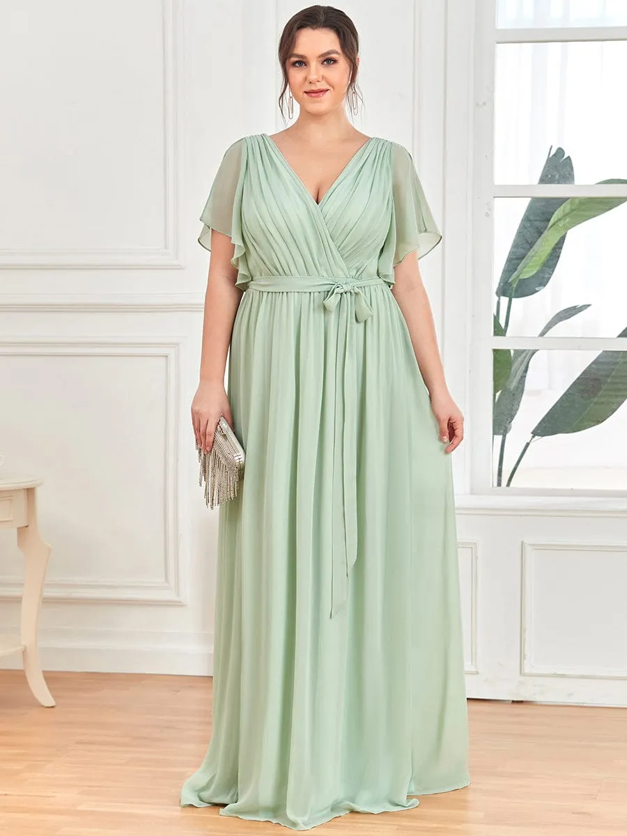 Chiffon Pleated V-Neck Flutter Sleeve Maxi Bridesmaid Dress