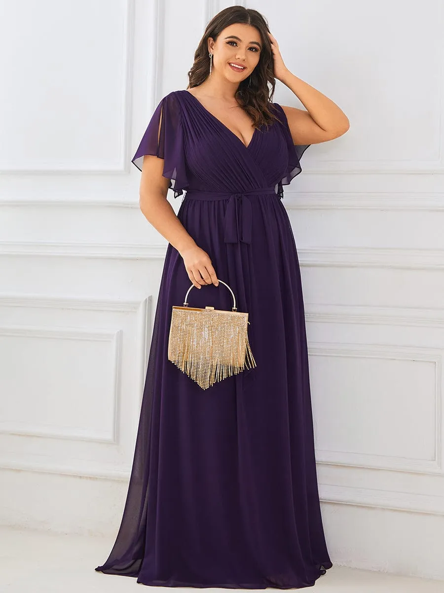 Chiffon Pleated V-Neck Flutter Sleeve Maxi Bridesmaid Dress