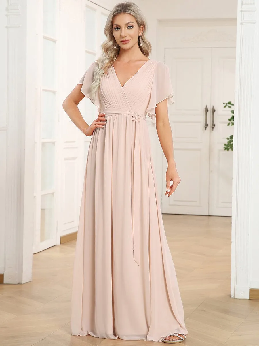 Chiffon Pleated V-Neck Flutter Sleeve Maxi Bridesmaid Dress