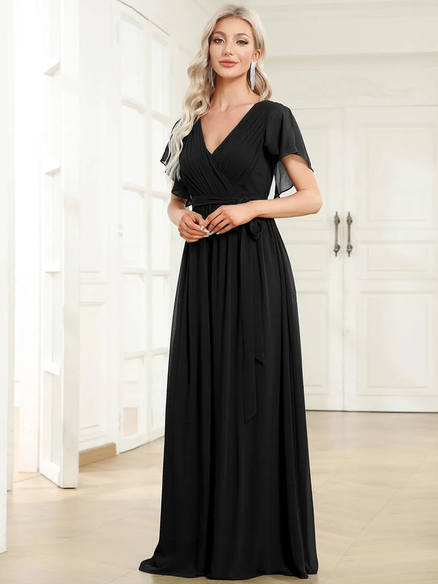 Chiffon Pleated V-Neck Flutter Sleeve Maxi Bridesmaid Dress