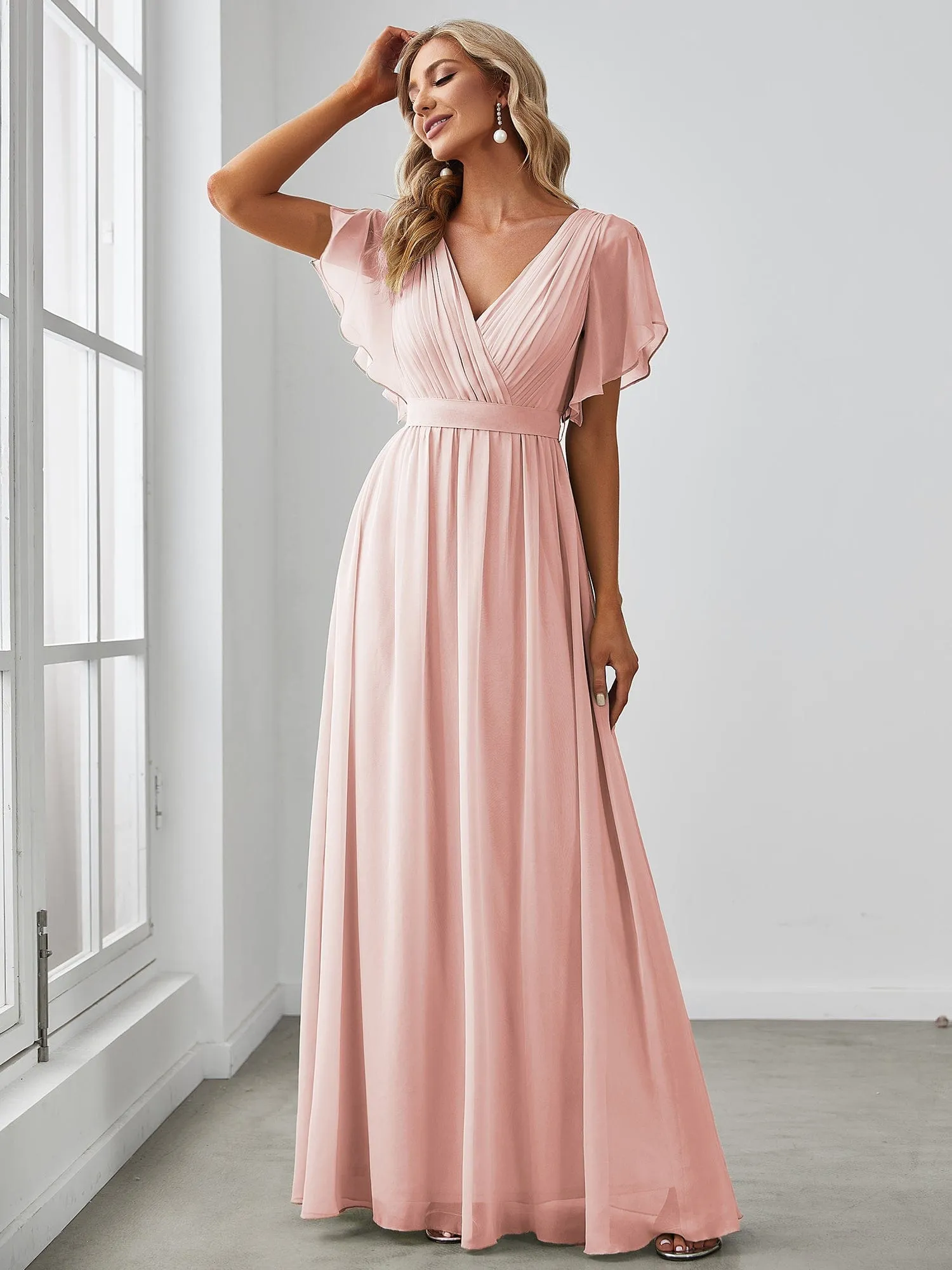 Chiffon Pleated V-Neck Flutter Sleeve Maxi Bridesmaid Dress