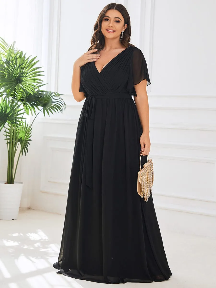 Chiffon Pleated V-Neck Flutter Sleeve Maxi Bridesmaid Dress