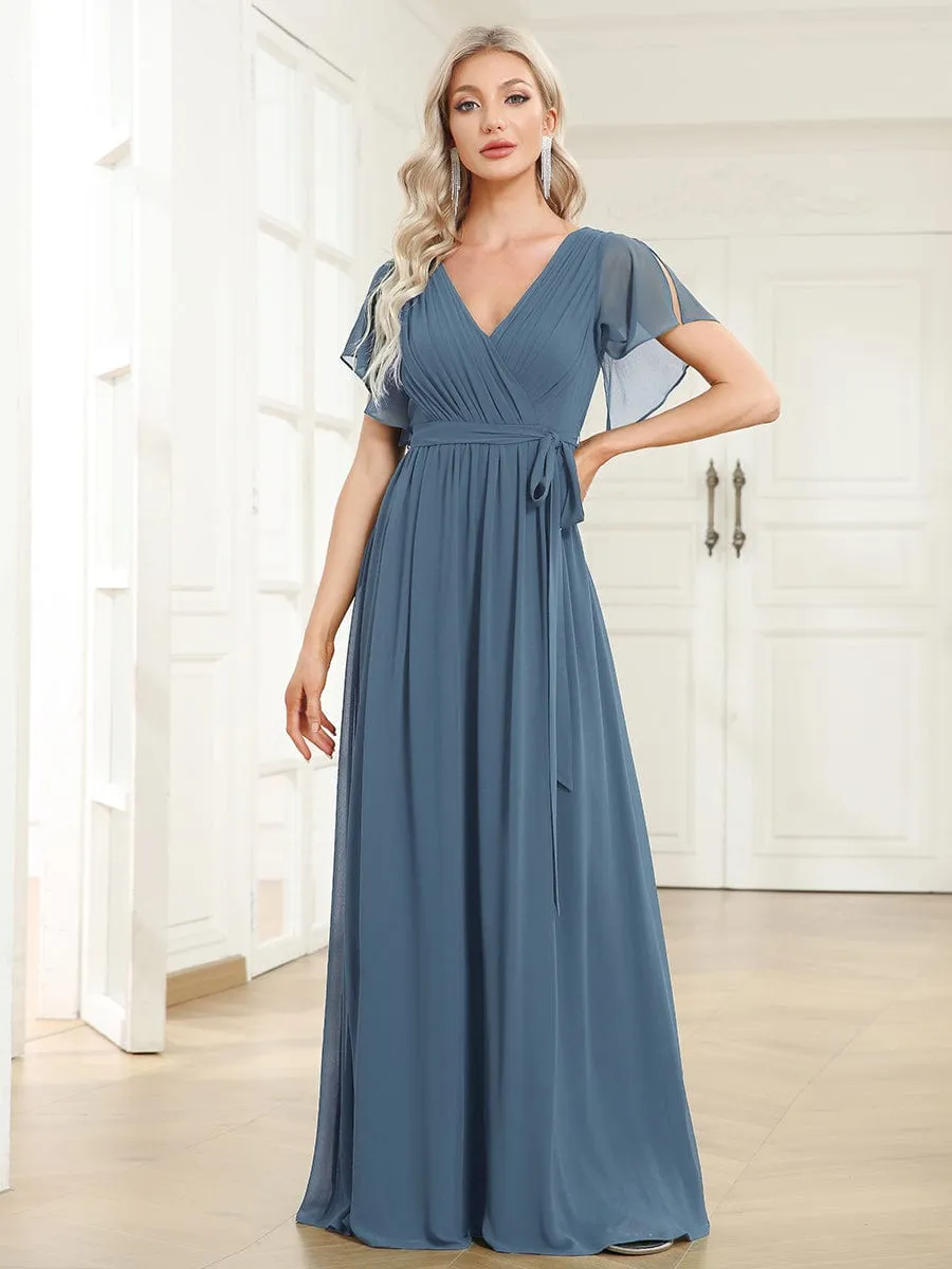 Chiffon Pleated V-Neck Flutter Sleeve Maxi Bridesmaid Dress