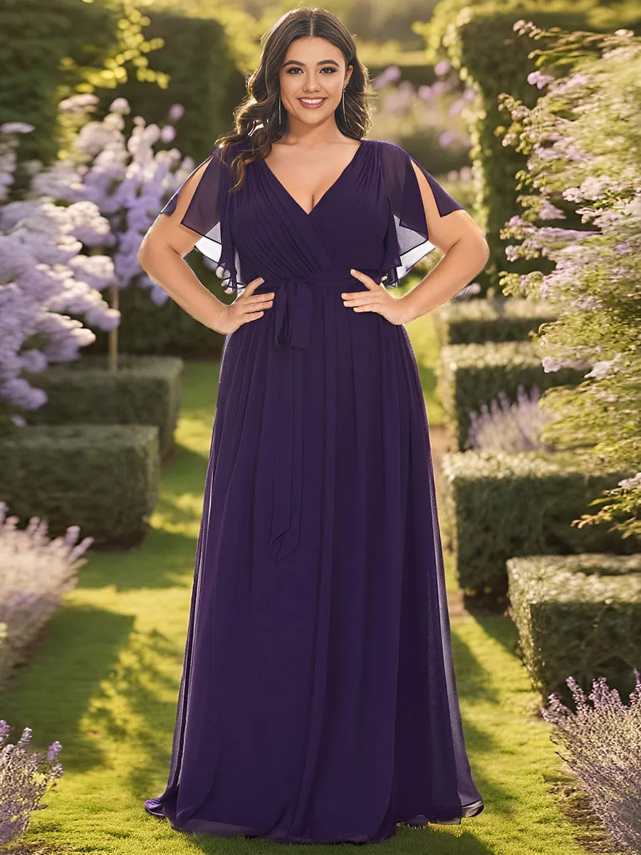 Chiffon Pleated V-Neck Flutter Sleeve Maxi Bridesmaid Dress